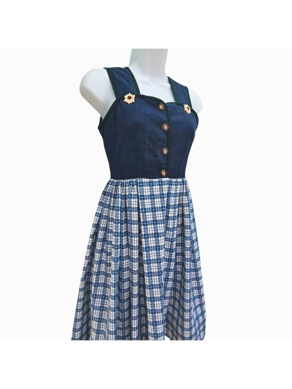 Vintage 80s 90s Handmade Dirndl Dress Blue and White Cotton Polyester XXS